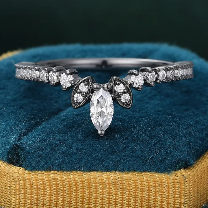 Marquise Cut Moissanite Curved Wedding Band Stackable 14K Black Gold Ring