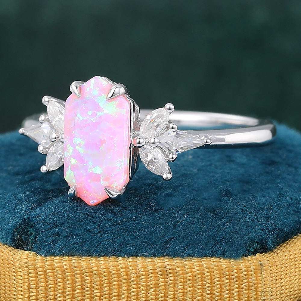 Juyoyo Long Hexagon Cut Pink Opal Engagement Ring Vintage Wedding Ring 14K White Gold