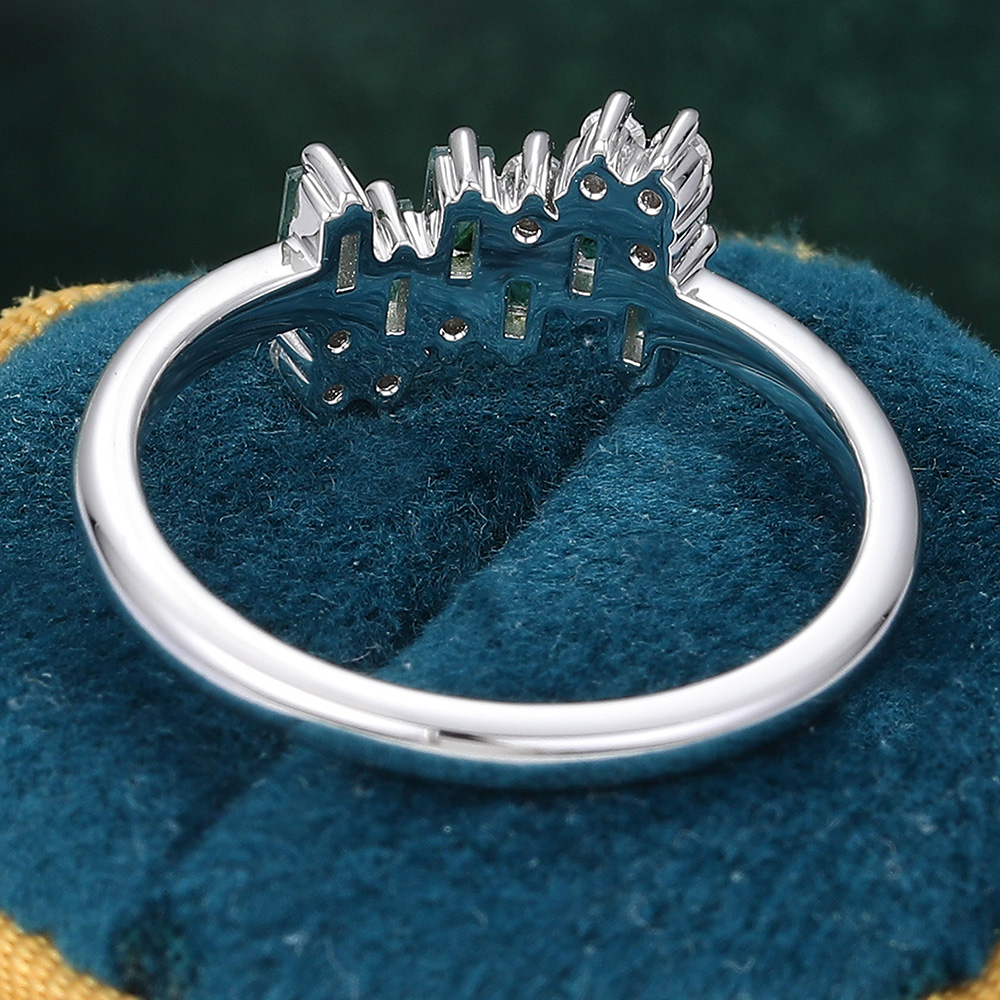 Baguette Cut Moss Agate & Round Diamond Wedding Ring Unique Cluster Ring