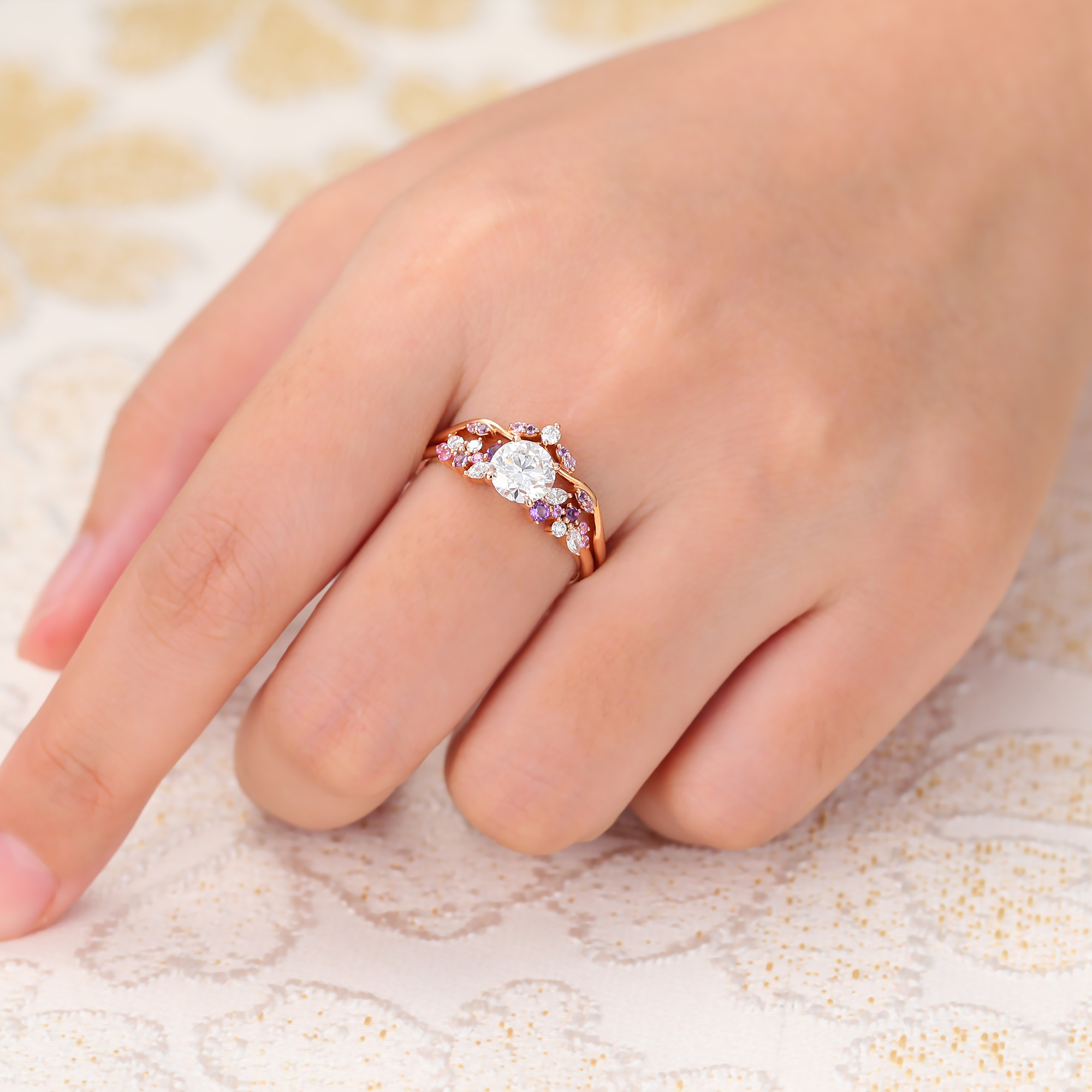 Juyoyo Vintage Moissanite Bridal Ring Set Rose Gold Amethyst Sapphire Cluster Wedding Ring Set - 2pcs