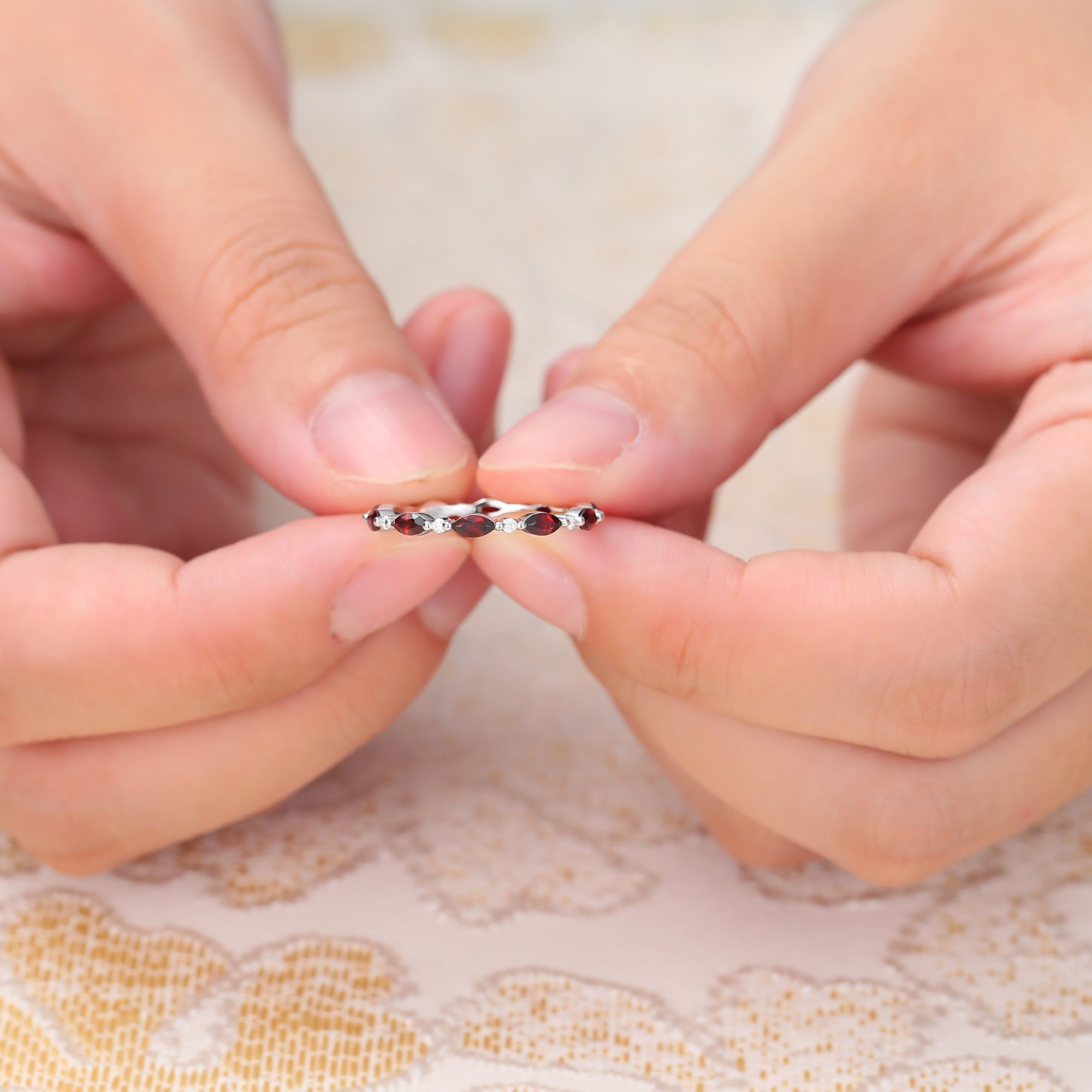 Juyoyo Unique Ruby and Diamond Eternity Wedding Band 14K White Gold July Birthstone Ring