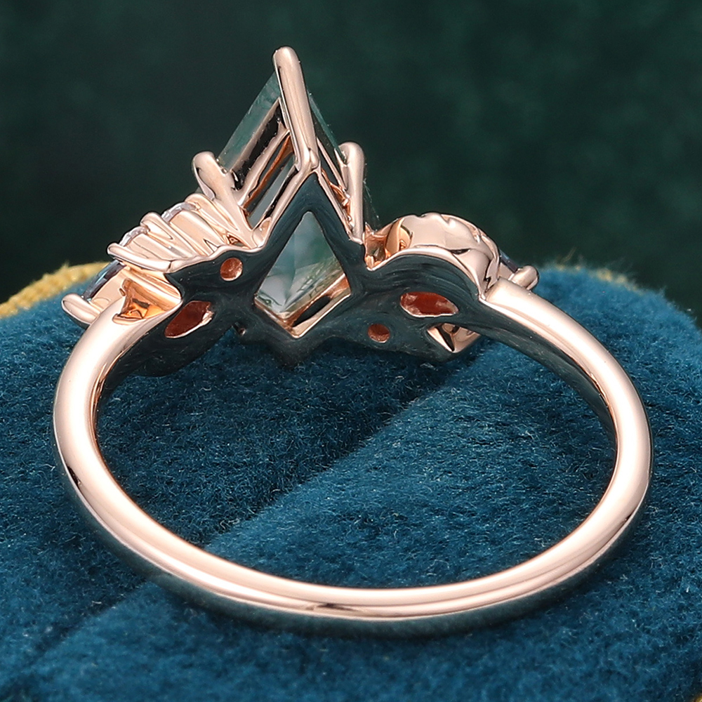 Juyoyo Natural Inspired Kite Moss Agate Engagement Ring with Alexandrite & Moissanite Accents