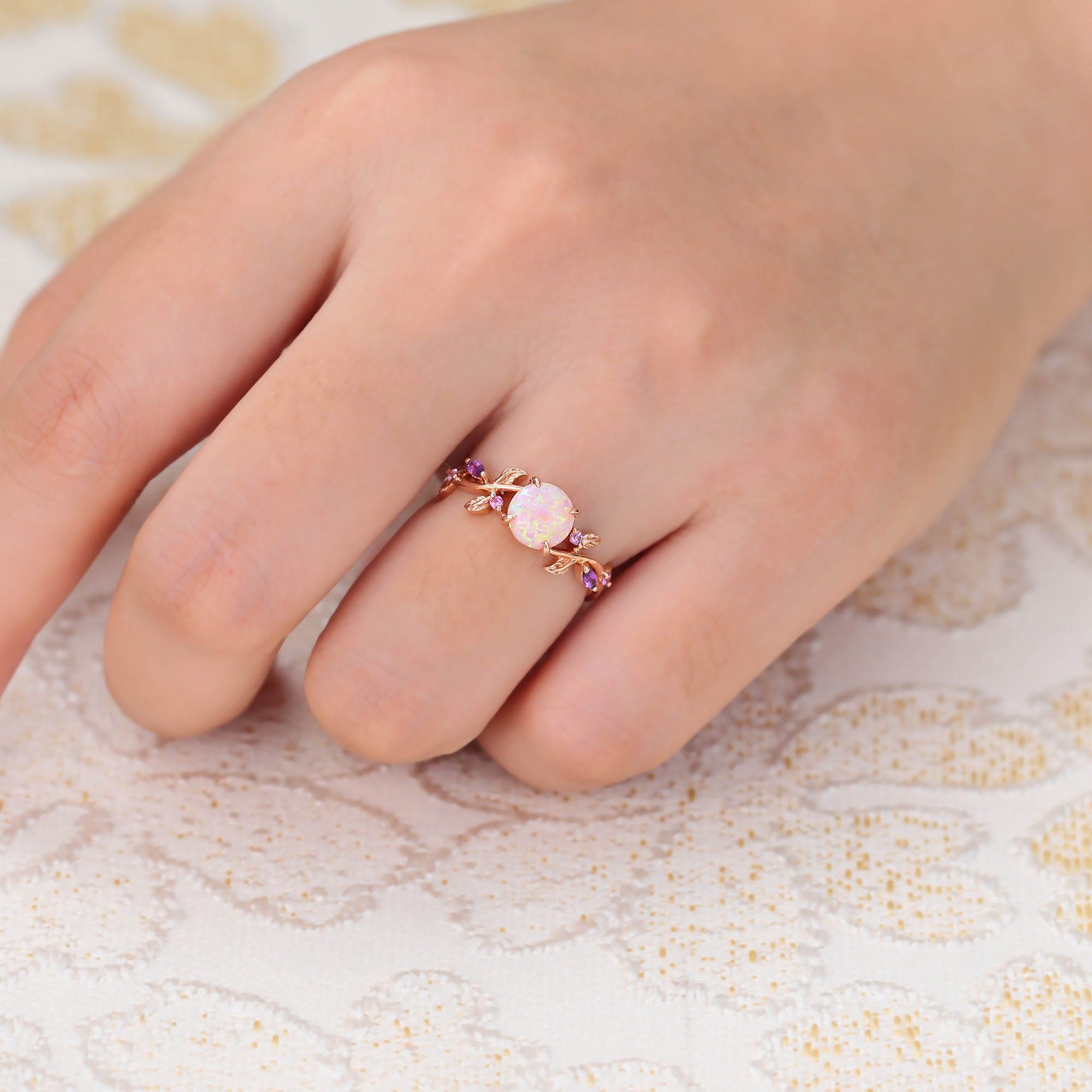 Round Cut Pink Opal Engagement Ring Nature-Inspired Bridal Ring