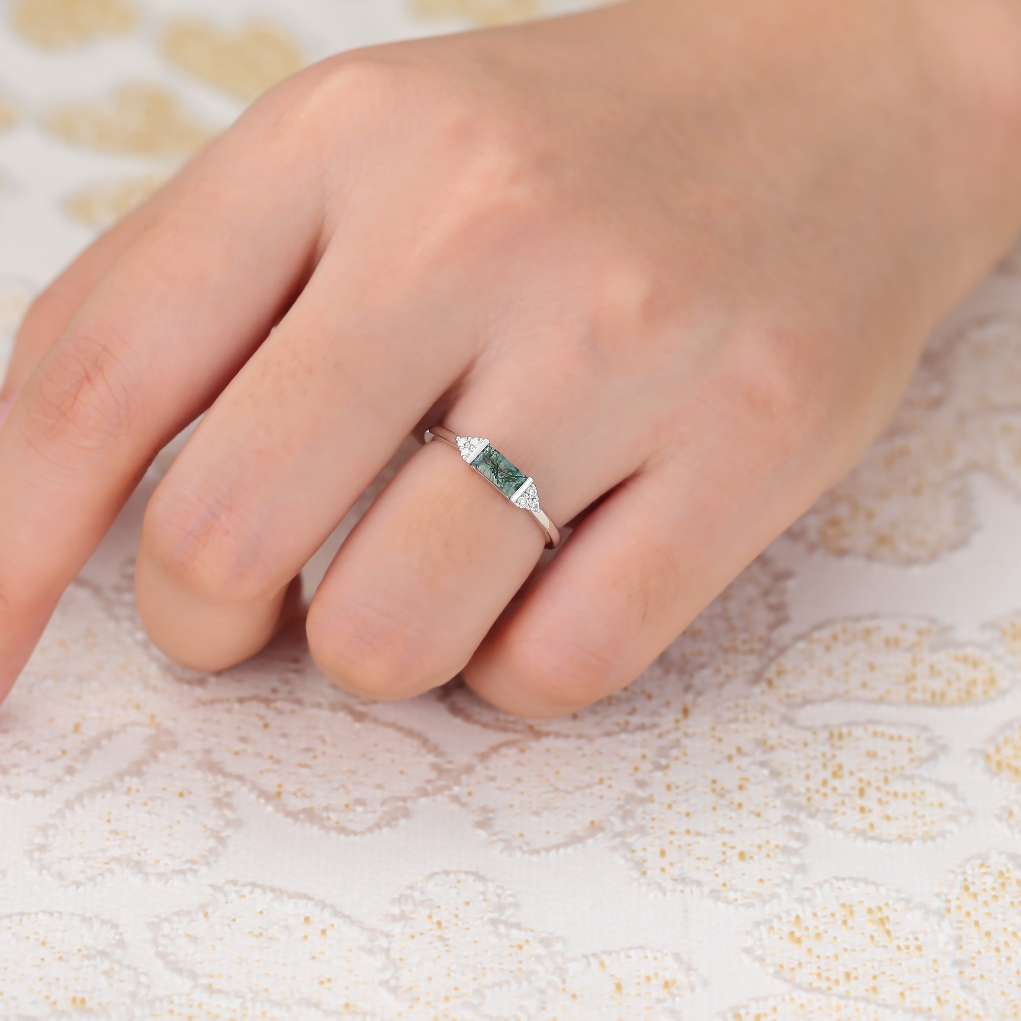 Minimalist Baguette Cut Moss Agate East-West Set Engagement Ring with Diamond Accents