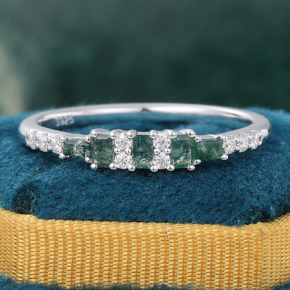 Juyoyo Baguette Cut Moss Agate & Moissanite Wedding Band Alternating Ring