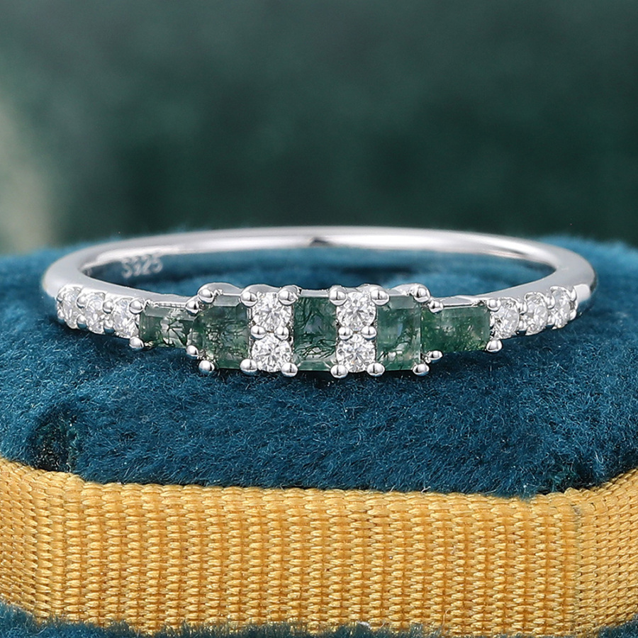 Minimalist Moss Agate and Diamond Wedding Ring Stacking Ring In 925 Sterling Silver