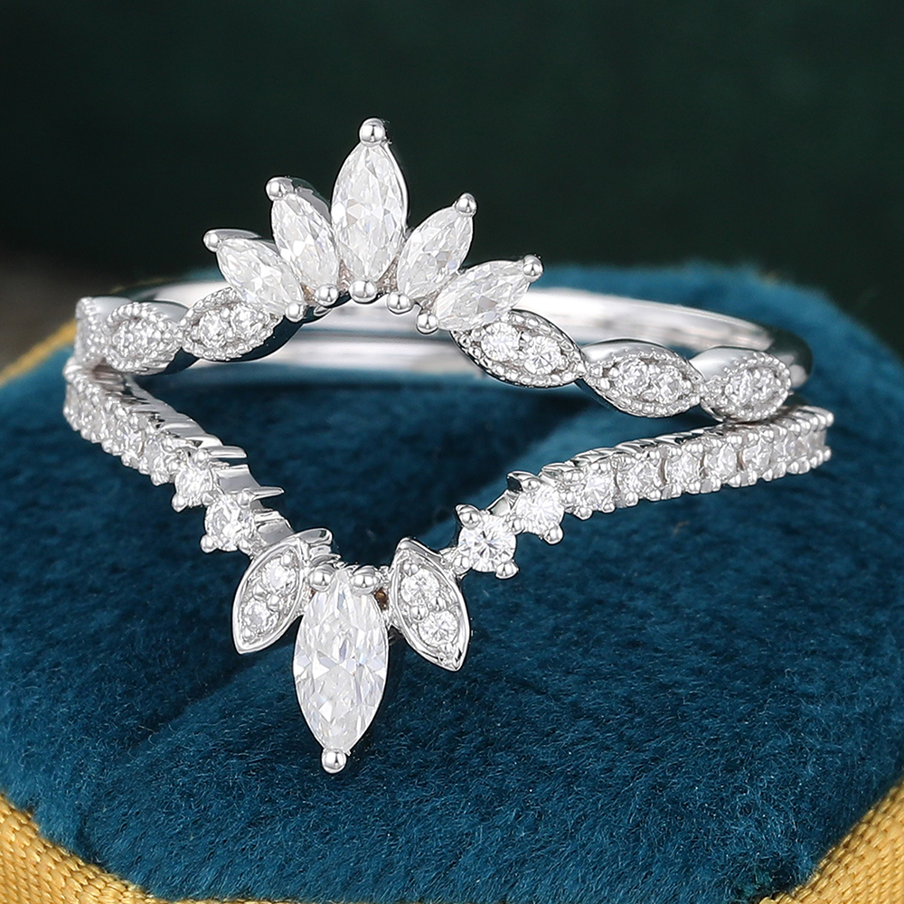 Juyoyo Unique Moissanite Double Curved Wedding Band Anniversary Stacking Ring for Women - 2pcs