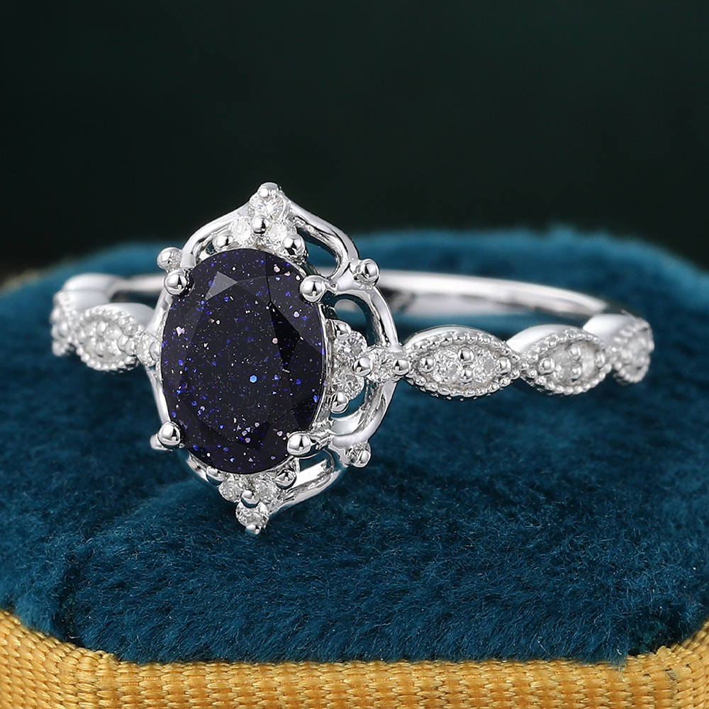 Oval Cut Blue Sand Stone Engagement Ring with Moissanite Sidestones