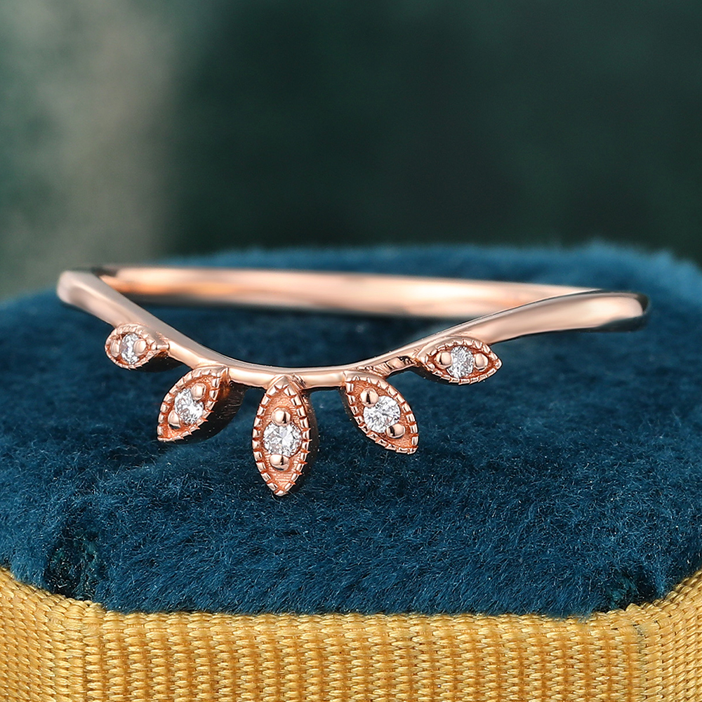 Juyoyo Nature Inspired Rose Gold Curved Moissanite Wedding Band Leaf Ring Stacking Matching Ring