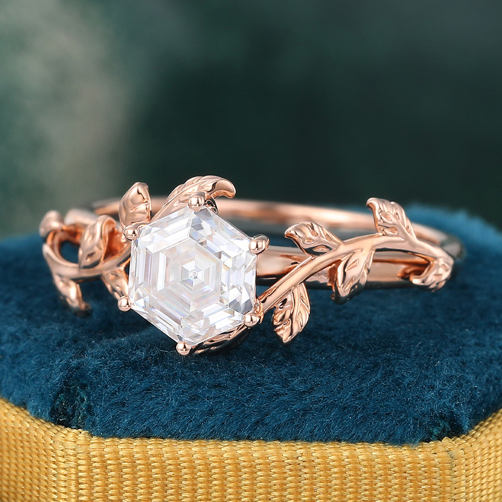 Juyoyo Hexagon Cut Moissanite Engagement Ring Rose Gold Nature Inspired Bridal Ring