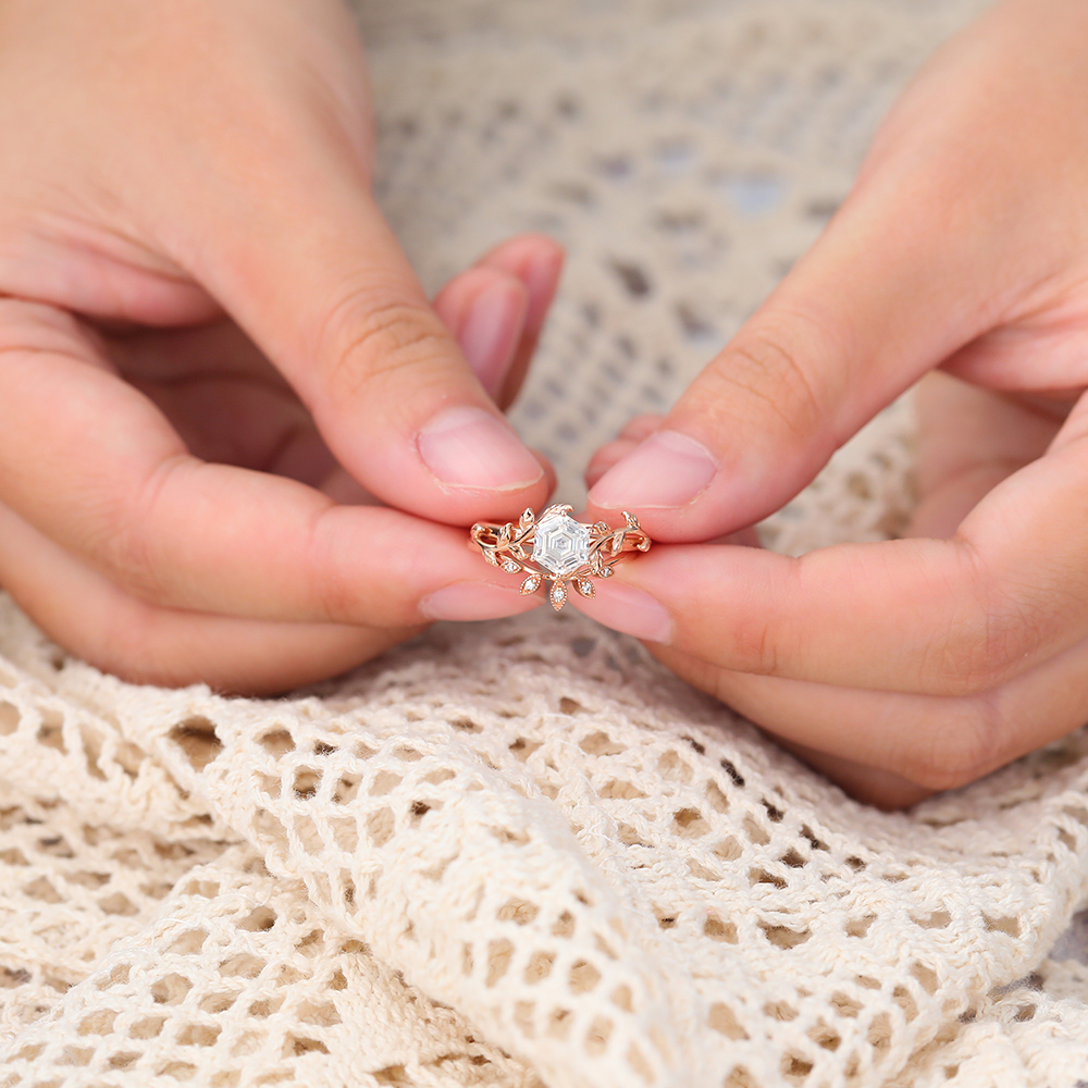 Juyoyo Hexagon Cut Moissanite Bridal Ring Set Rose Gold Nature Inspired Engagement Ring Set - 2pcs