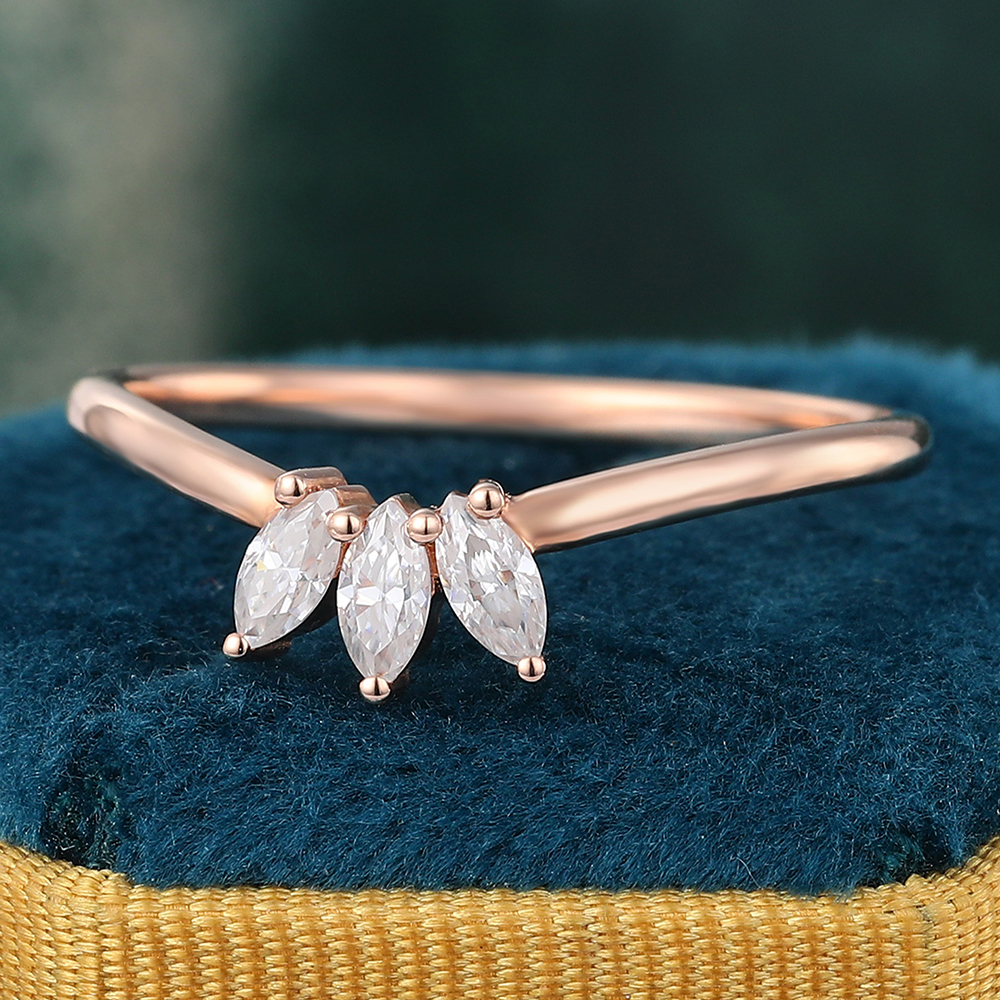 Crown Moissanite Tiara Wedding Band Three Stone Stacking Ring Rose Gold Curved Band
