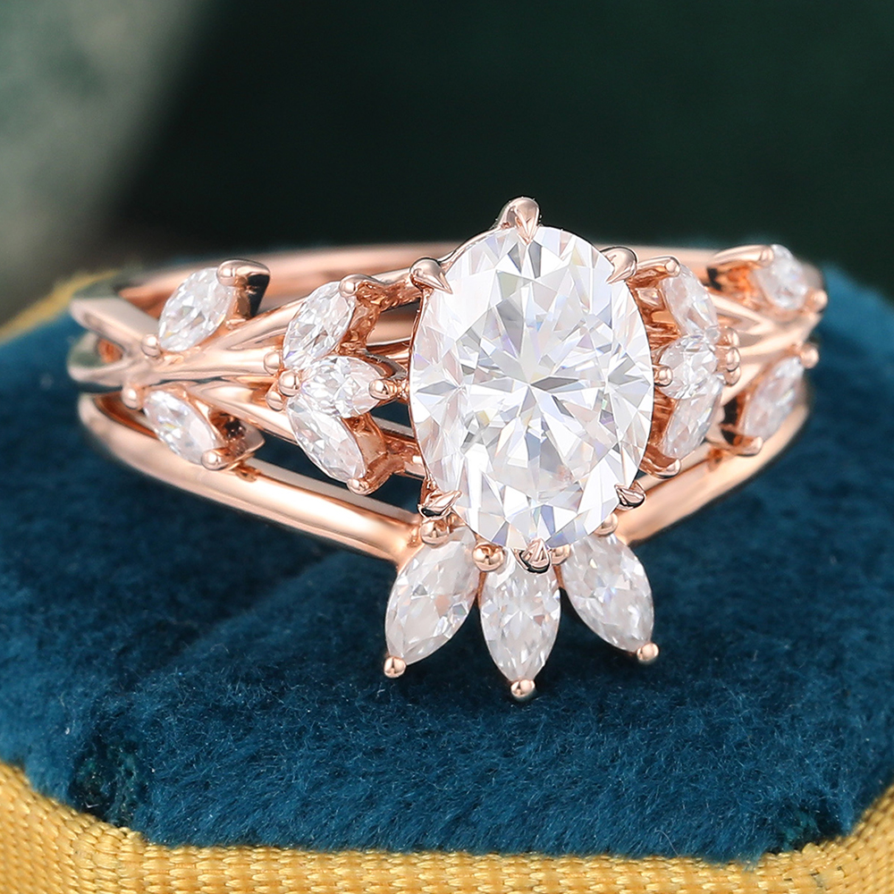 Juyoyo Unique Moissanite Engagement Ring Set Nature Inspired Tiara Crown Wedding Ring Set - 2pcs