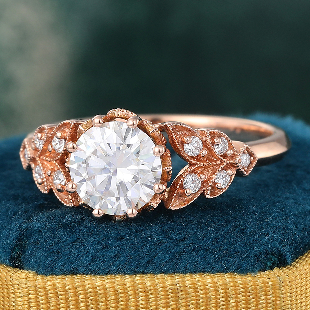 Juyoyo Round Cut Moissanite Engagement Ring Nature Inspired Antique Navette Diamond Ring