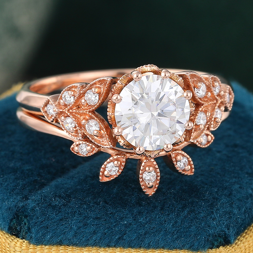 Juyoyo Antique Navette Engagement Ring Set Moissanite Bridal Ring Set in 14K Rose Gold - 2pcs