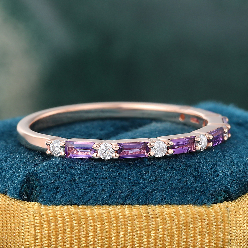 Rose Gold Amethyst Wedding Band with Side Stones