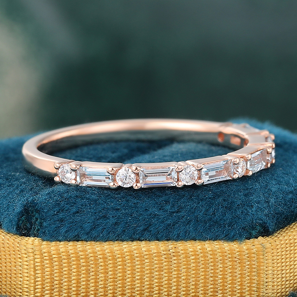 Juyoyo Baguette Cut Aquamarine Wedding Band Rose Gold Anniversary Promise Ring March Birthstone Gift