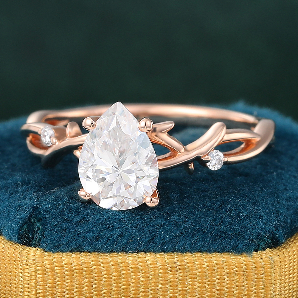 Juyoyo Pear Shaped Moissanite Nature Inspired Engagement Ring Promise Anniversary Ring 14K Rose Gold