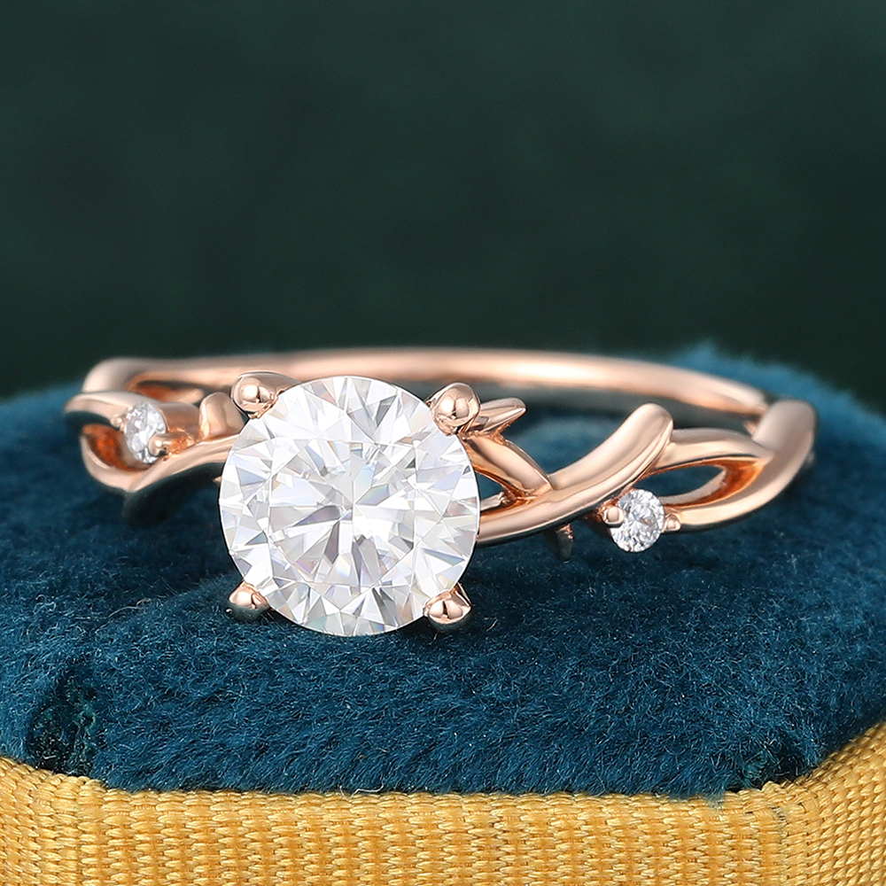 Juyoyo Round Cut Three Stone Moissanite Engagement Ring Twig Nature Inspired Bridal Ring