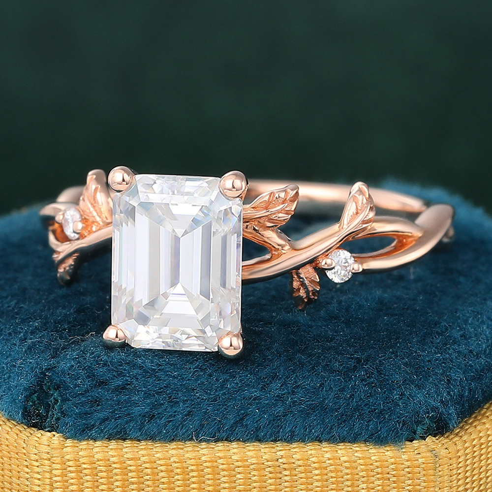 Juyoyo Emerald Cut Moissanite Nature Inspired Ring Three Stone Engagement Ring for Women