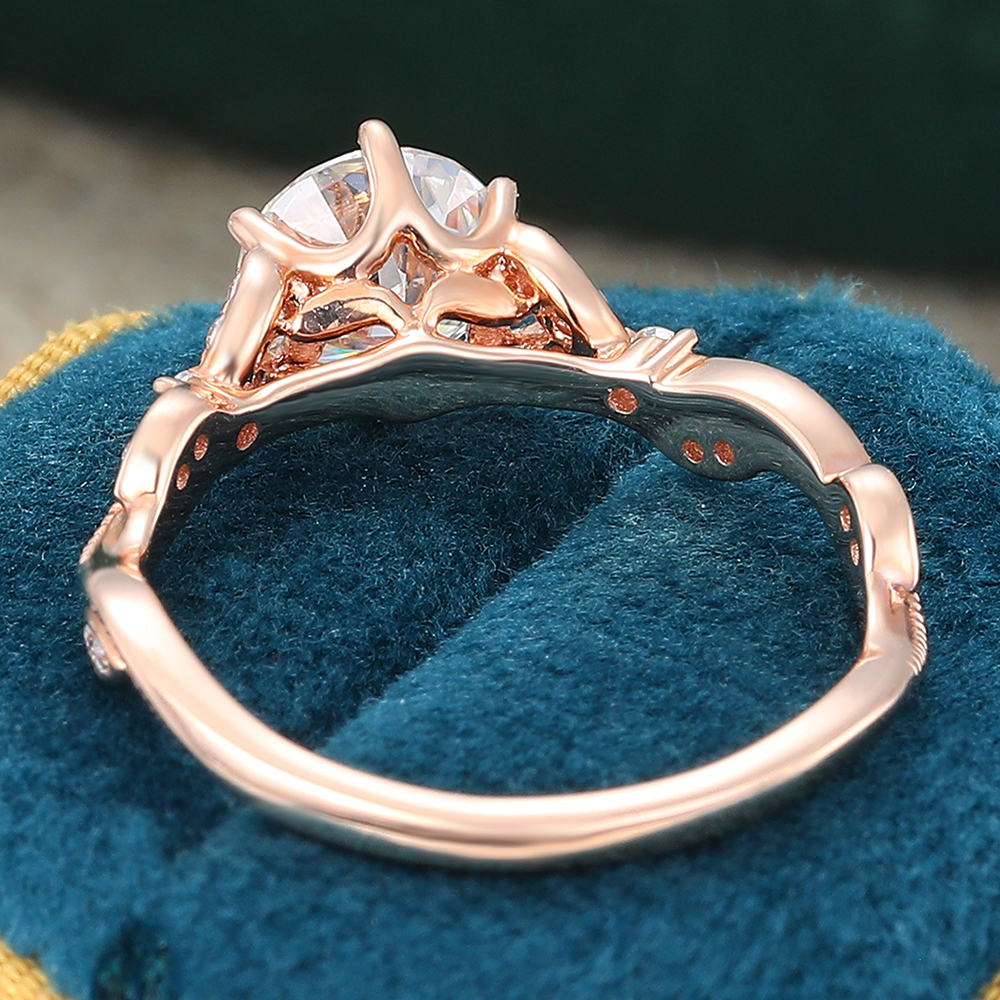 Juyoyo 14K Rose Gold Round Moissanite Engagement Ring Vintage Twisted Diamond Ring for Women
