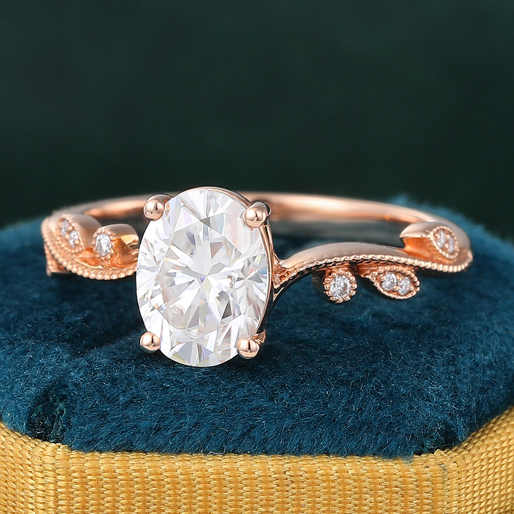 Juyoyo Vintage Oval Moissanite Engagement Ring Wave Diamond Wedding Ring in 14K Rose Gold