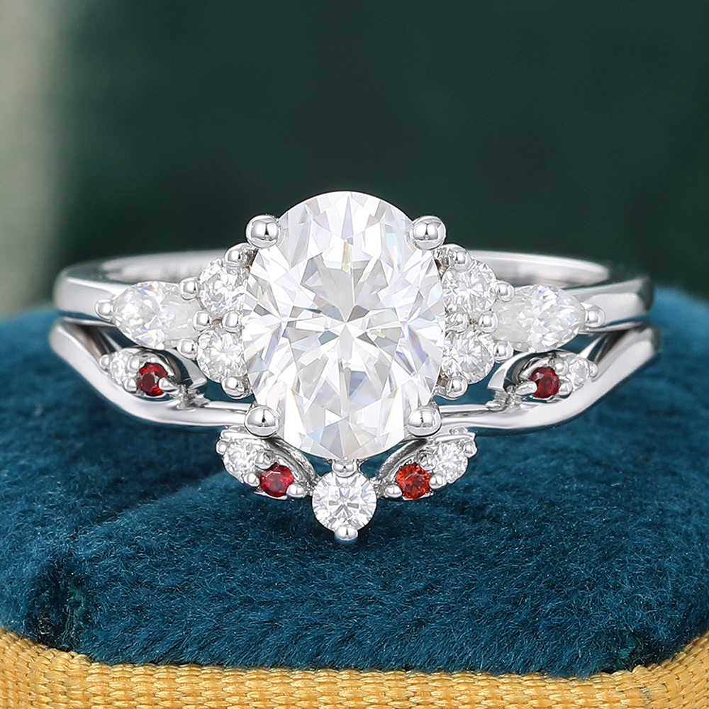 Juyoyo Oval Moissanite and Diamond Bridal Ring Set Cluster Ring Set Garnet Wedding Band Set - 2pcs