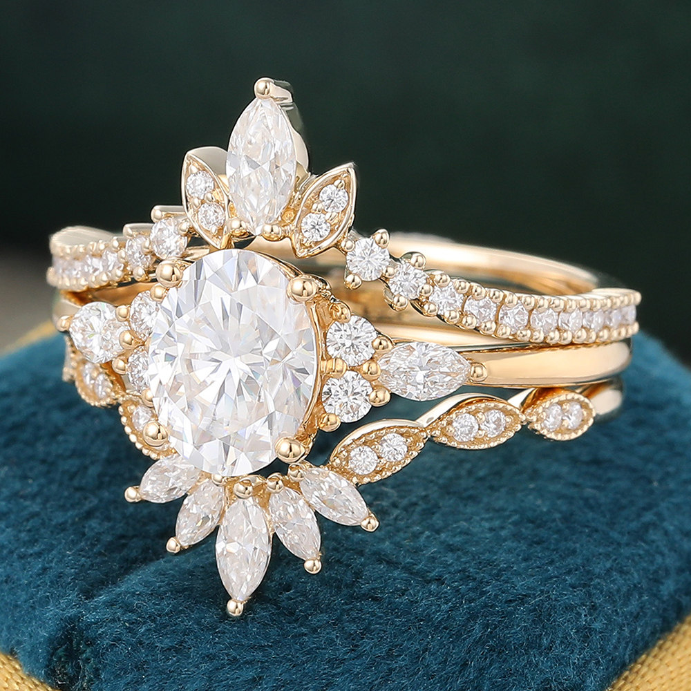Juyoyo Luxury Oval Cut Moissanite Bridal Ring Set 14K Gold Diamond Milgrain Wedding Ring Set - 3pcs