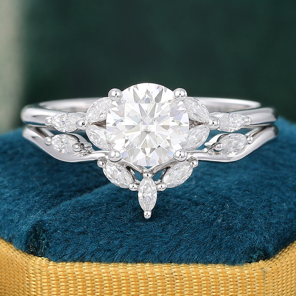Juyoyo Round Moissanite Bridal Ring Set Marquise Accented Curved Wedding Band Set - 2pcs