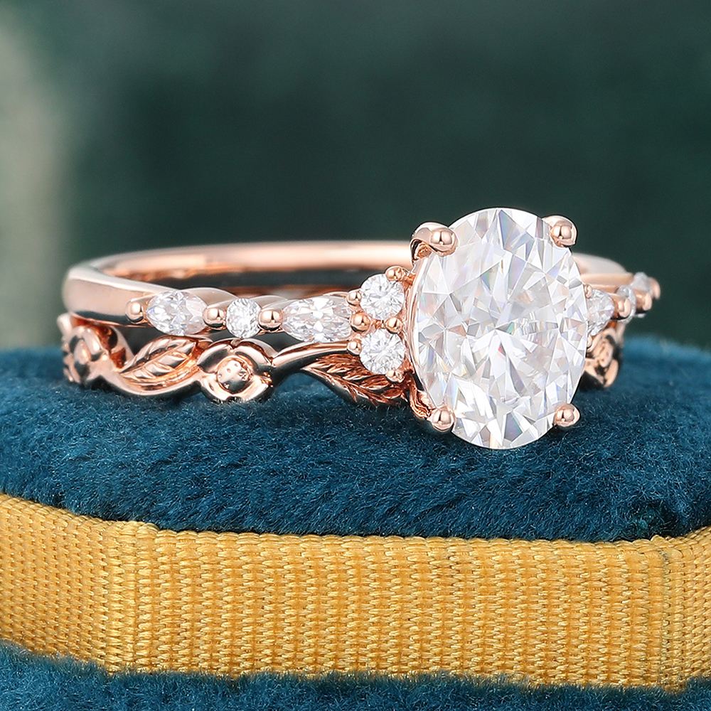 Juyoyo Oval Cut Moissanite Bridal Ring Set Vintage Nature Inspired Engagement Ring Set - 2pcs