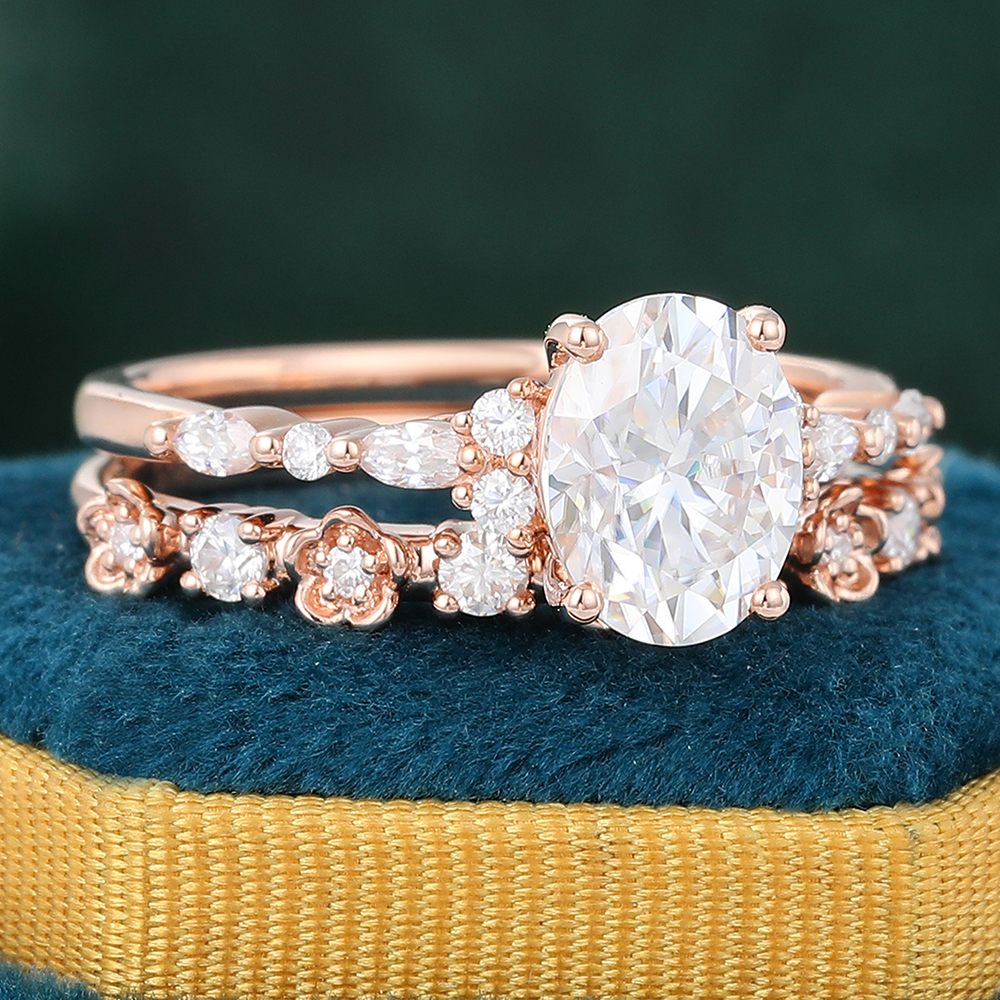 Juyoyo Oval Moissanite Bridal Ring Set Unique Floral Nature Inspired Engagement Ring Set - 2pcs