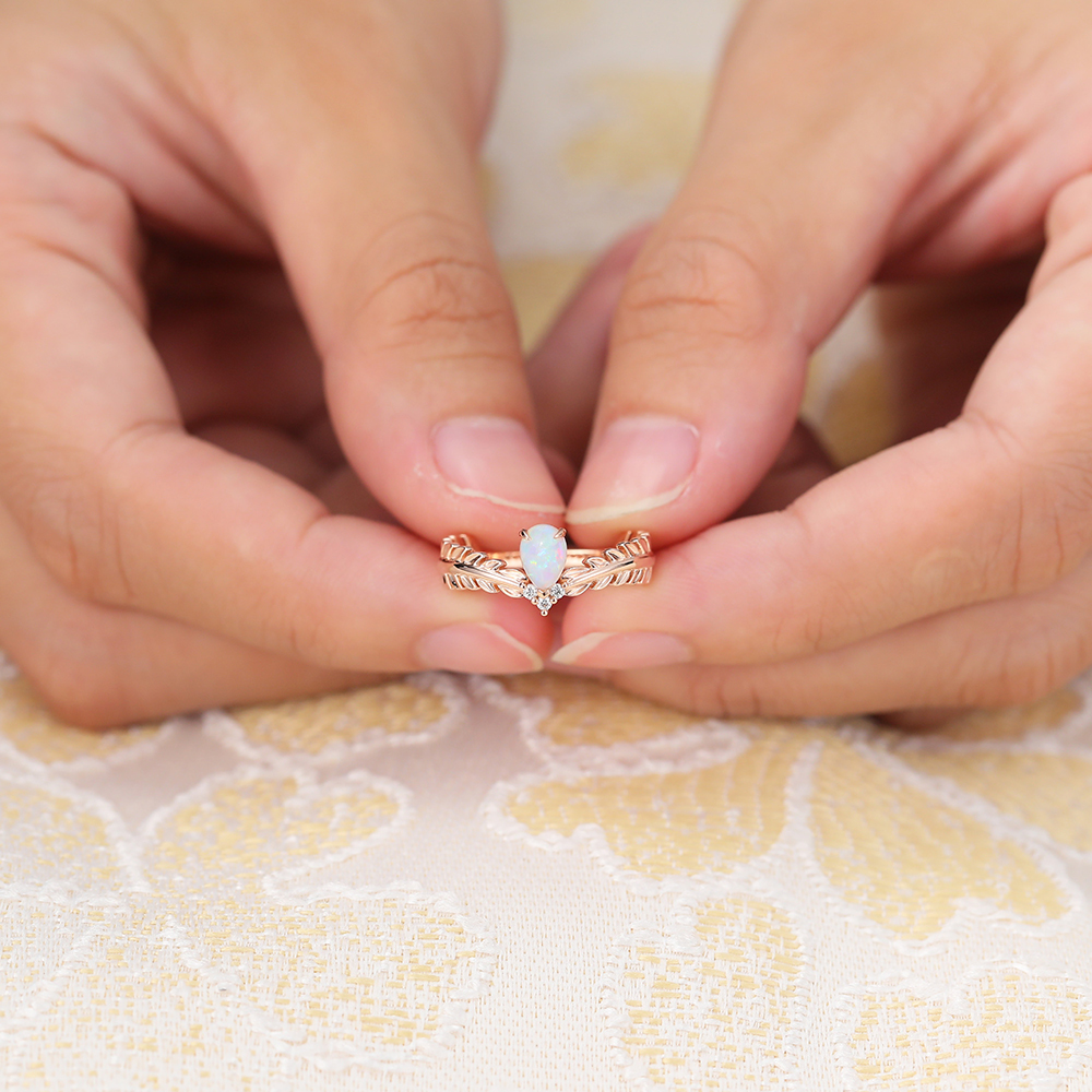 Juyoyo Signature V Teardrop Opal Leaf Inspired Engagement Ring with Diamond Accents