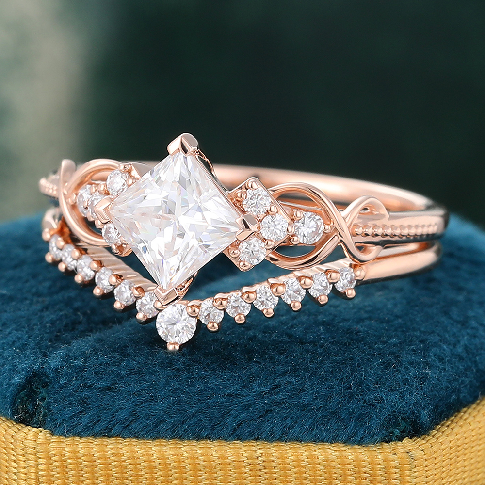 Juyoyo Princess Cut Moissanite Beaded Bridal Ring Set Diamond Cluster Infinity Ring Set - 2pcs