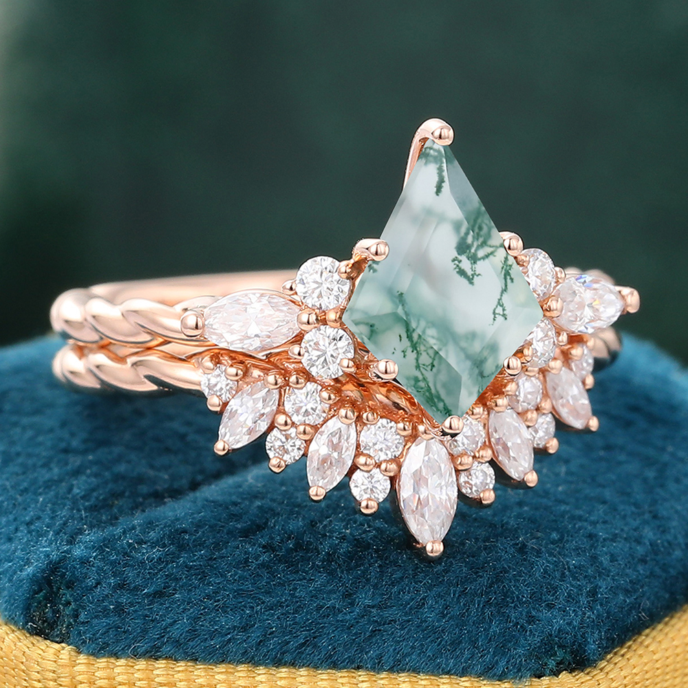 2 Piece Kite Cut Moss Agate & Moissanite Bridal Twisted Ring Set