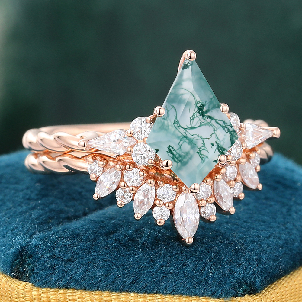 Juyoyo Kite Cut Moss Agate Wedding Ring Set Unique Twisted Engagement Ring Set 14K Rose Gold - 2pcs
