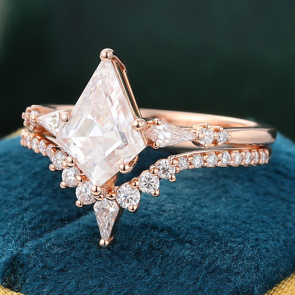 Juyoyo Vintage Kite Cut Moissanite Bridal Ring Set Diamond Cluster Pave Engagement Ring Set - 2pcs