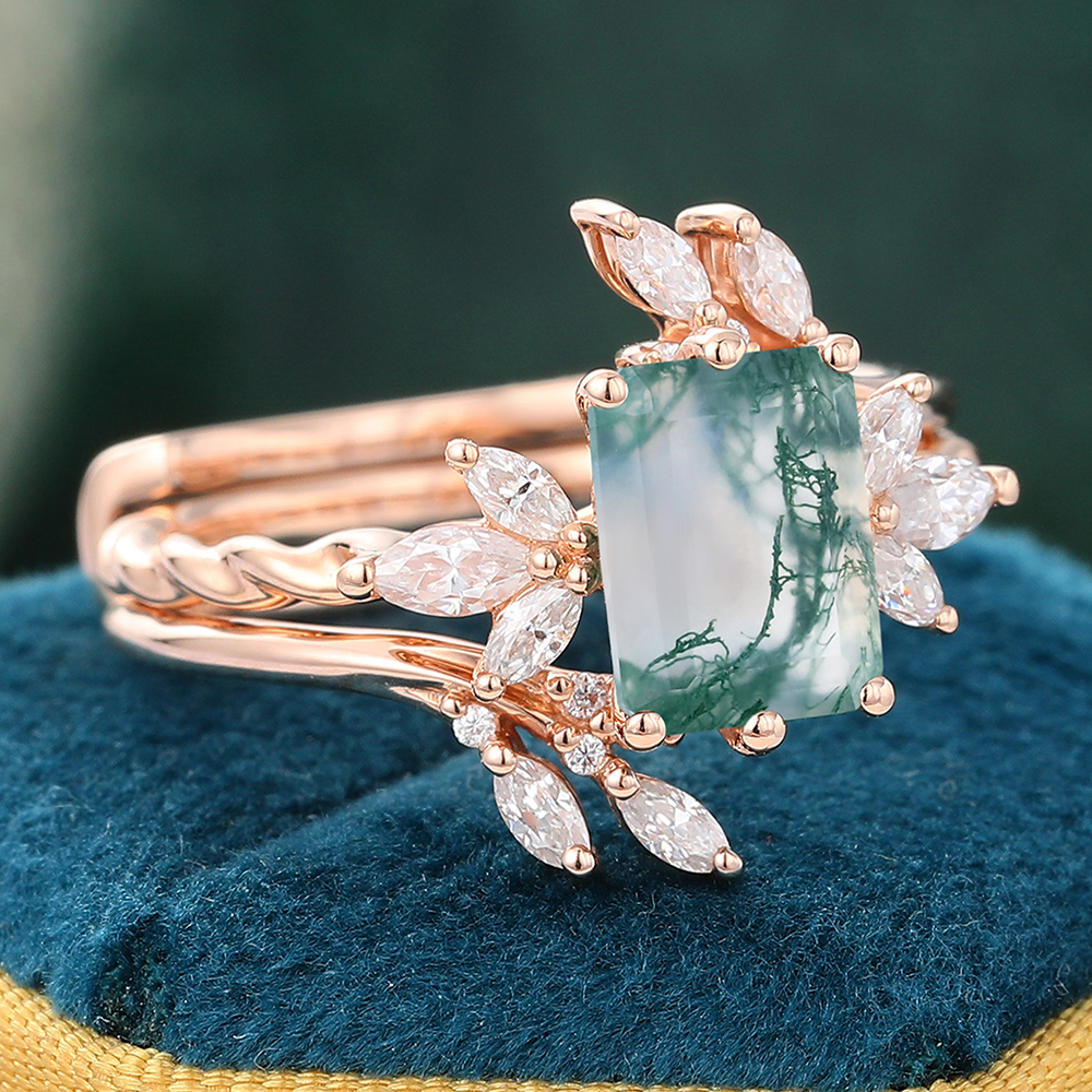 Juyoyo Emerald Cut Moss Agate Twist Engagement Ring with Match Open Ring Enhancer - 2pcs