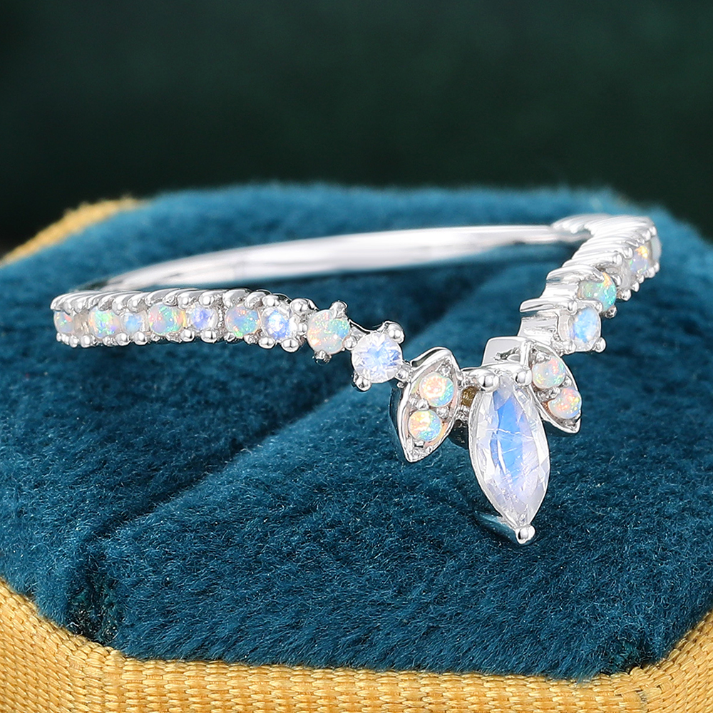 Juyoyo Dainty Moonstone Curved Crown Stacking Ring with Milgrain Details