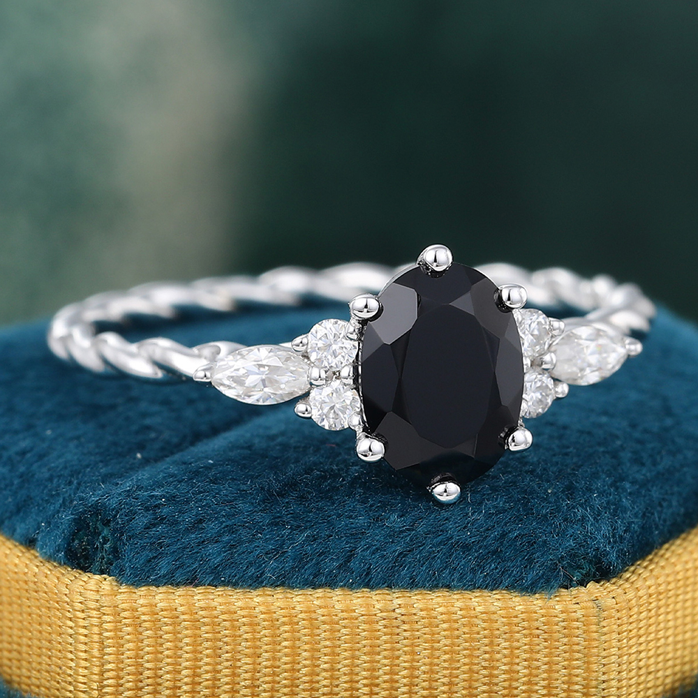 Oval Cut Black Onyx Ring Twisted Engagement Ring with Moissanite Accents in White Gold