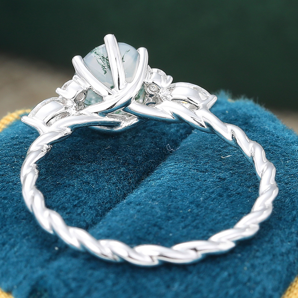 Oval Cut Moss Agate Ring with Diamond Accents Twisted Engagement Ring - 5