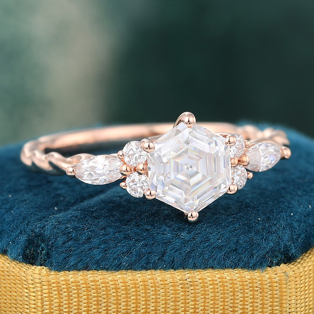 Juyoyo Hexagon Cut Moissanite Twisted Engagement Ring for Women in 14K Rose Gold