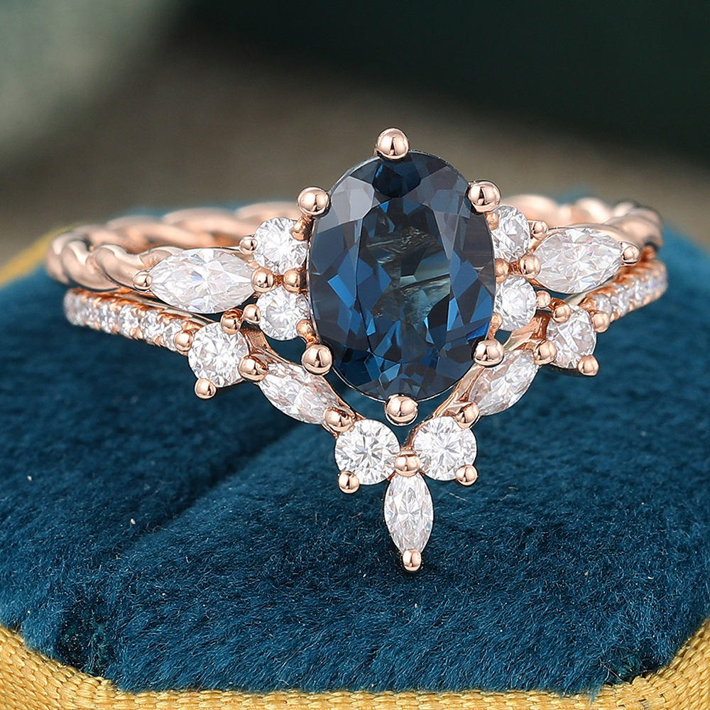 Juyoyo Oval London Blue Topaz Engagement Ring Set Vintage Twisted Wedding Band Rose Gold