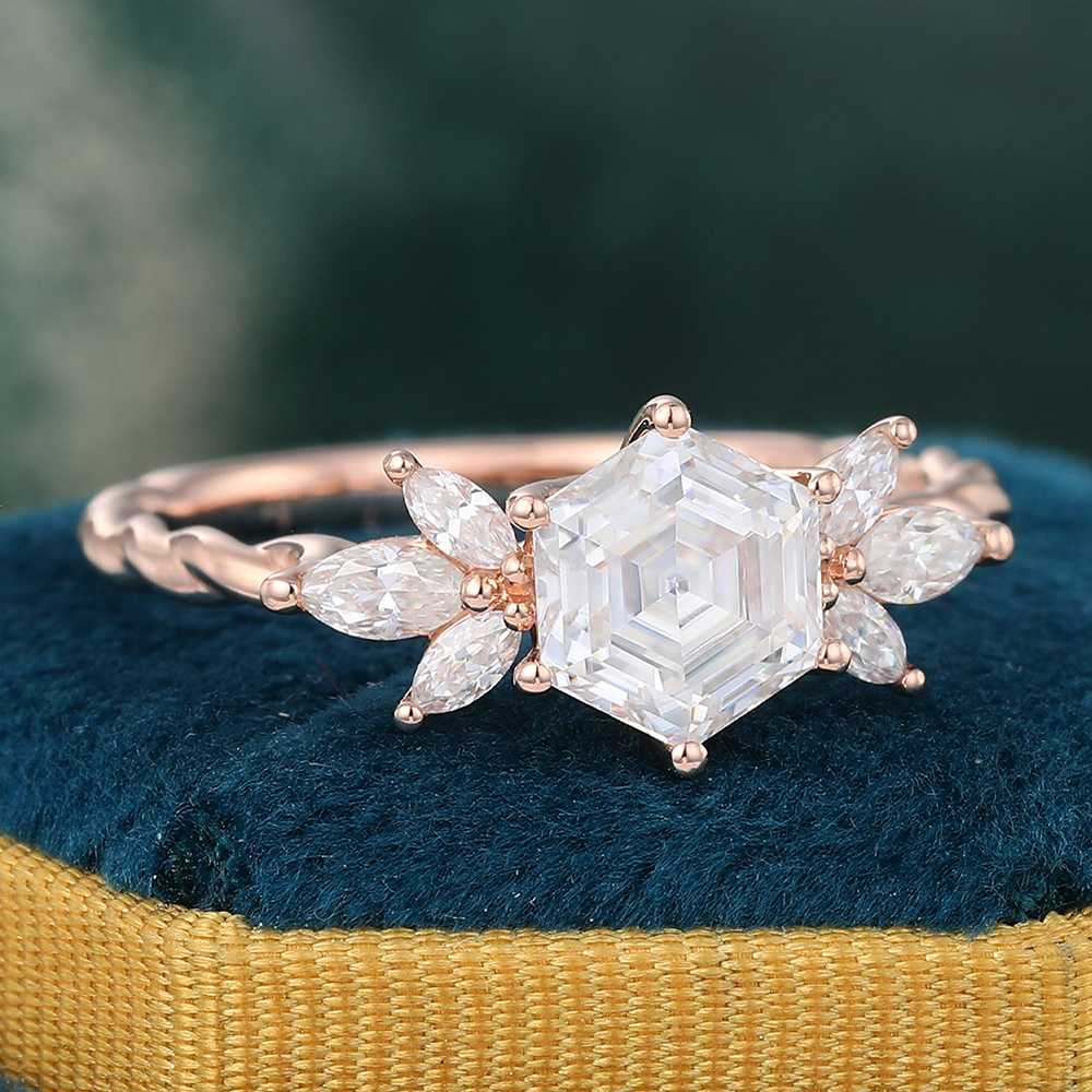 Juyoyo Prong Setting Hexagon Cut Moissanite Twisted Engagement Ring Vintage Rose Gold Bridal Ring