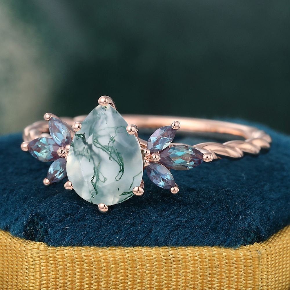 Juyoyo Pear Moss Agate Promise Ring with Alexandrite Accents Twisted Ring