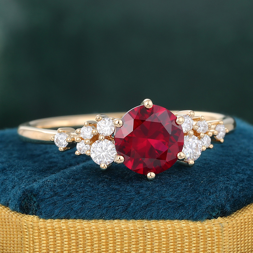 Juyoyo Round Cut Ruby Engagement Ring 14K Gold Diamond Cluster Bridal Ring for Women