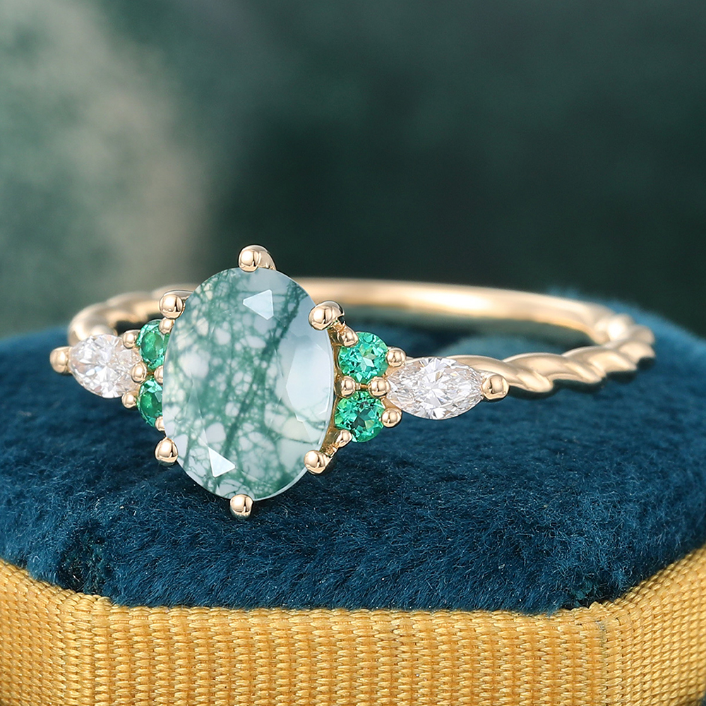 Juyoyo Oval Moss Agate Twisted Engagement Ring with Emerald & Diamond Accents