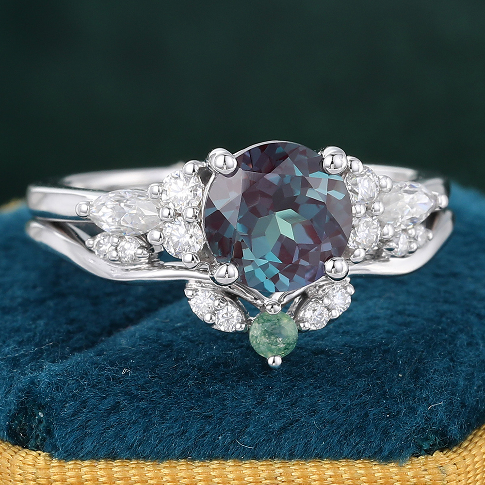 Juyoyo Alexandrite Engagement Ring Set Vintage Wedding Ring Set with Moss Agate Wedding Band - 2pcs