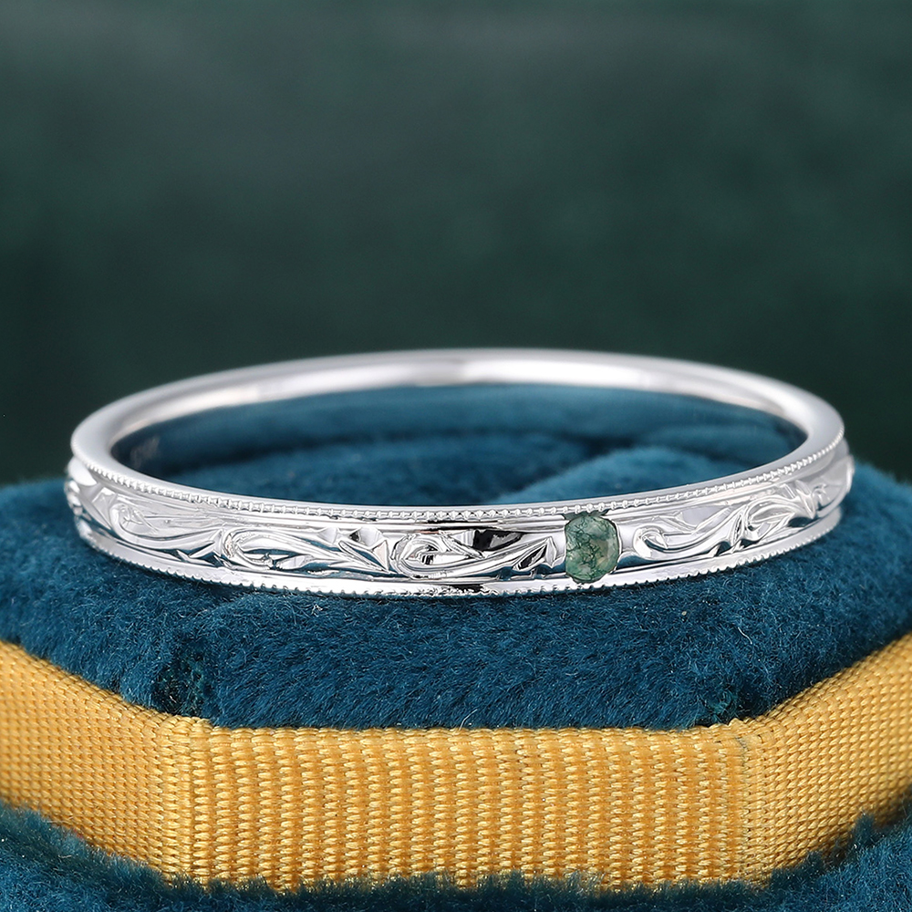 Juyoyo Vintage Scalloped Pav�� Moss Agate Wedding Band Engrave Stacking Ring