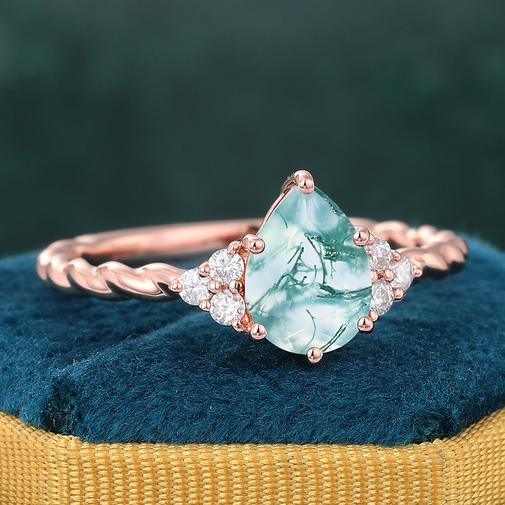 Pear Moss Agate Engagement Ring Twisted Ring with Moissanite Accents