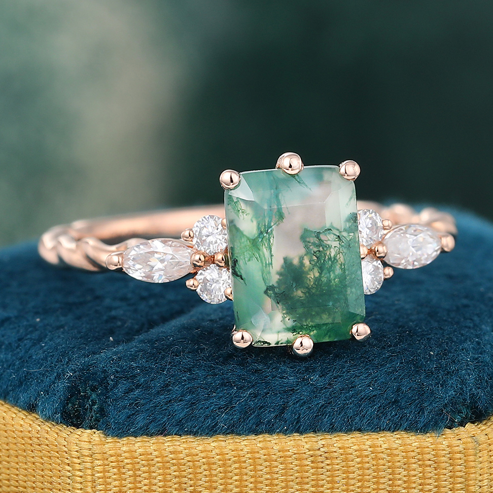 Juyoyo Emerald Cut Green Moss Agate Twisted Ring Rose Gold 